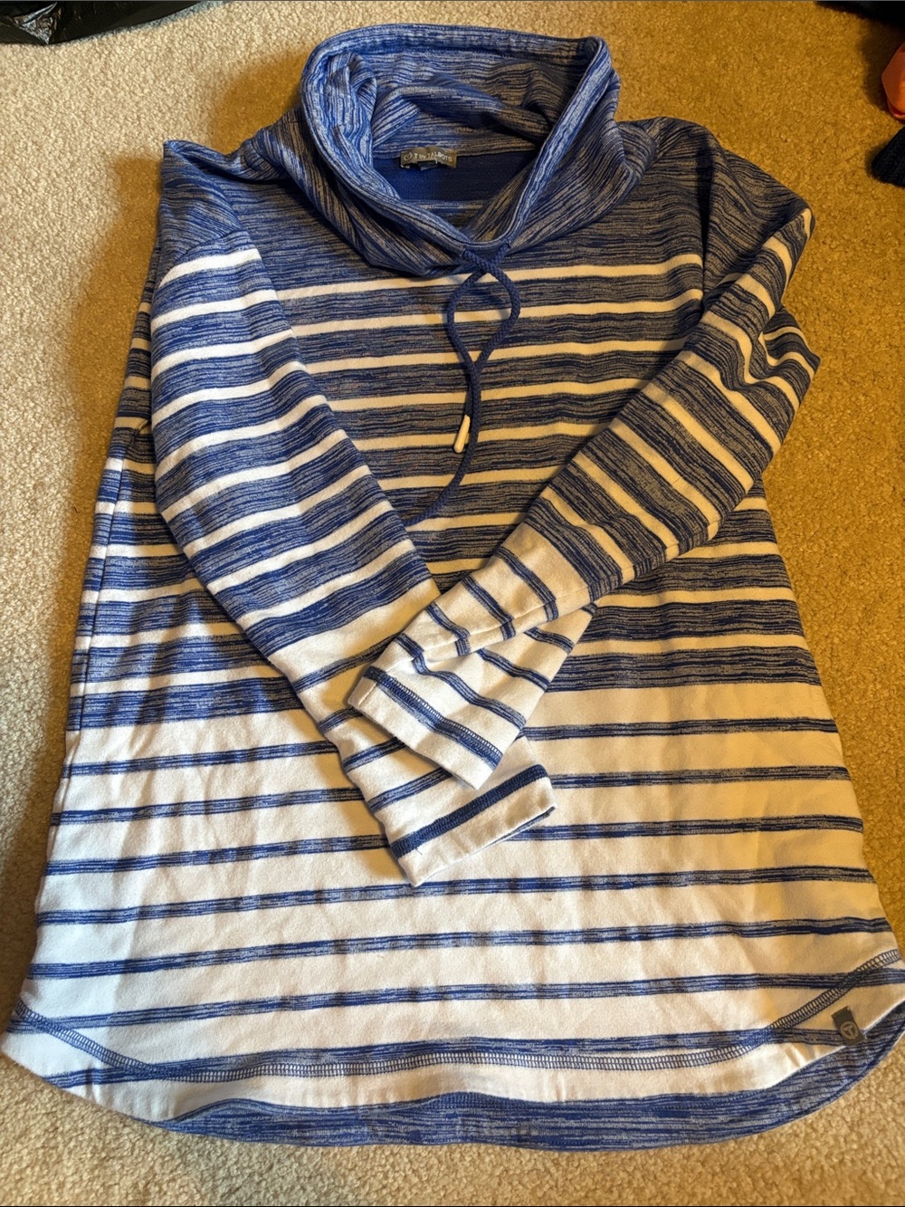 Talbots Blue and White Striped Cowl-Neck Pullover Hoodie